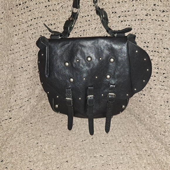 LUCKY BRAND Large Black Leather Saddlebag Studded Shoulder/XBody-Excellent - Picture 2 of 9